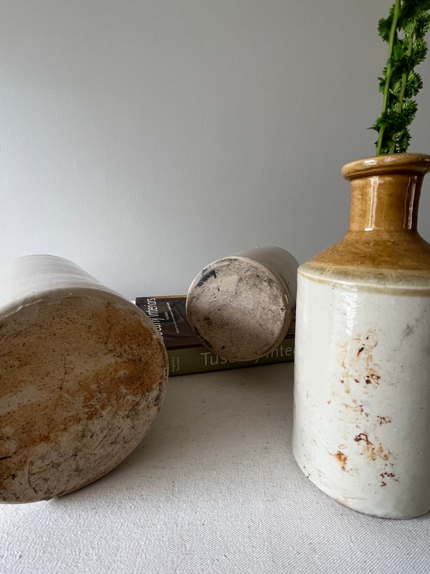 Set Of Three Old Stoneware Pots.