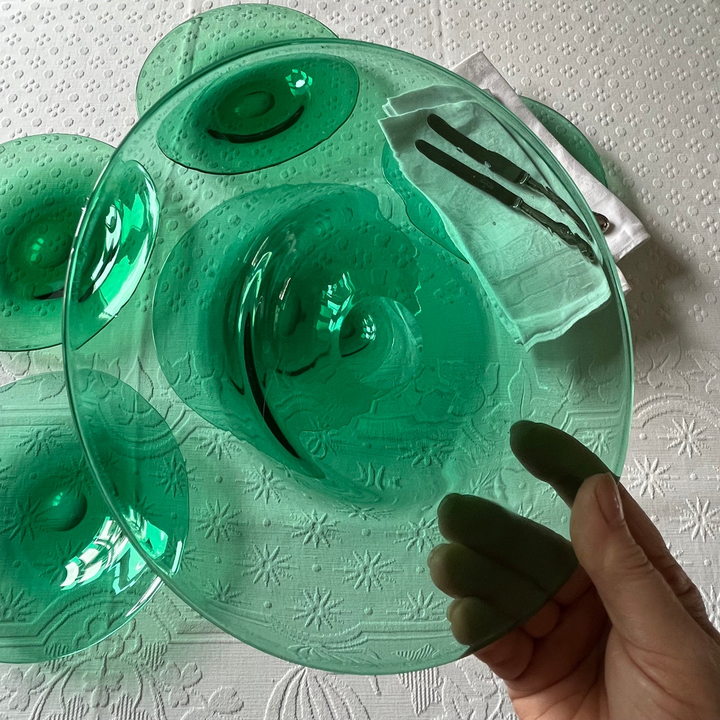 Set of Six Emerald Green Glass Plates.