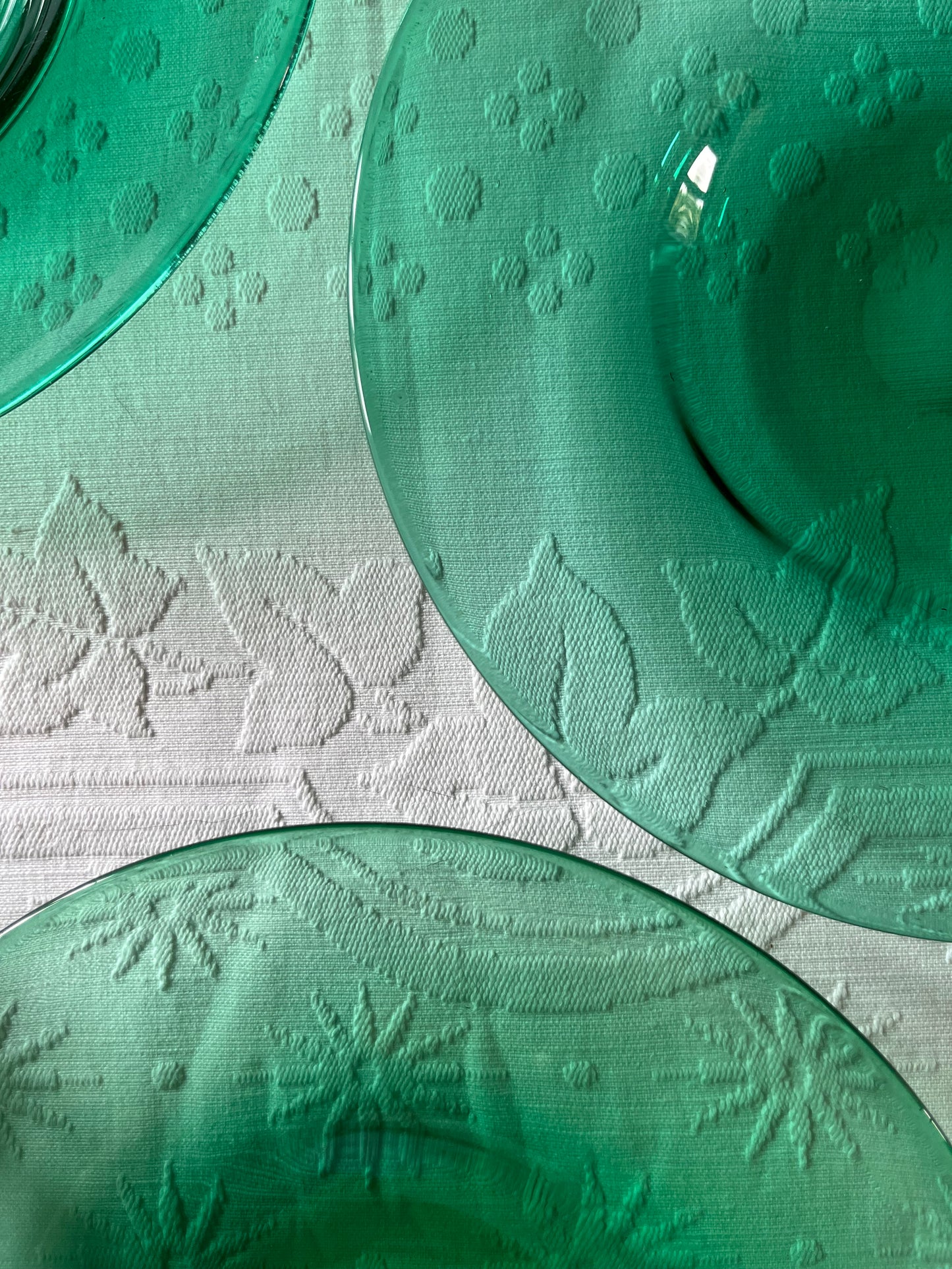 Set of Six Emerald Green Glass Plates.