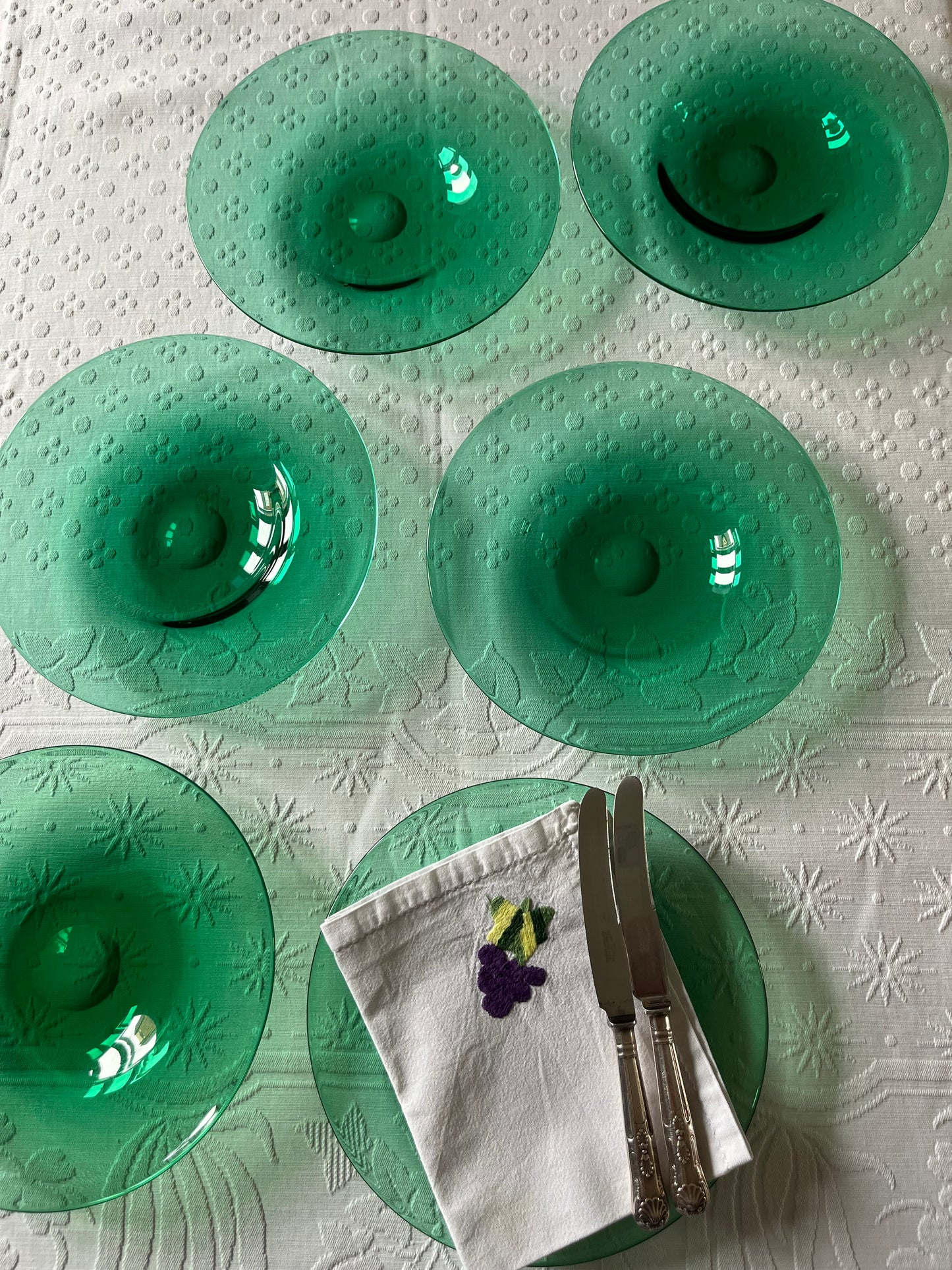 Set of Six Emerald Green Glass Plates.