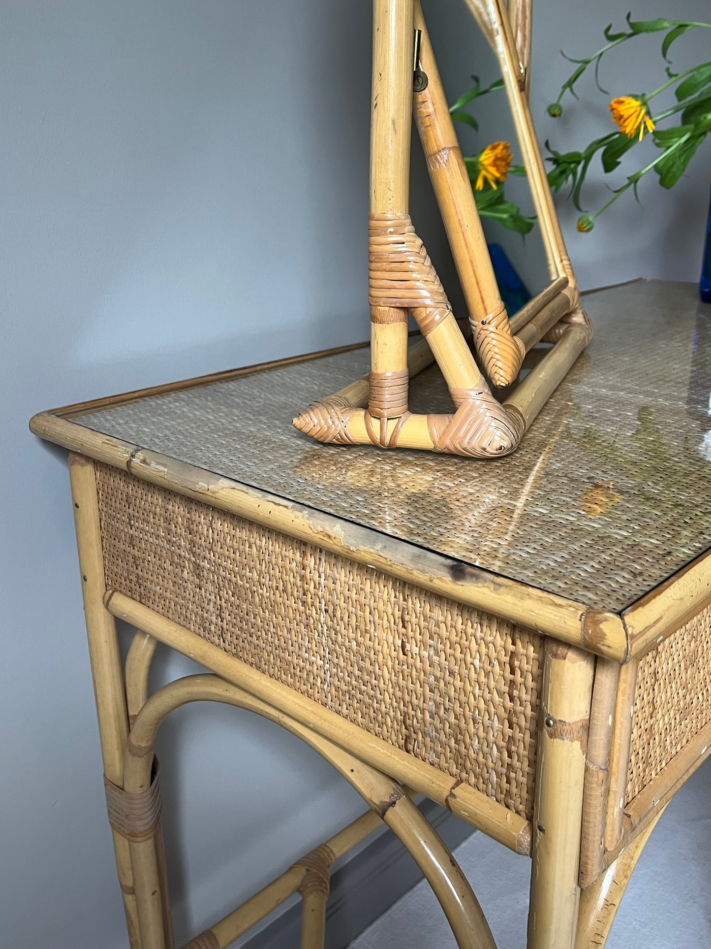 Bamboo and Rattan Dressing Table Set.