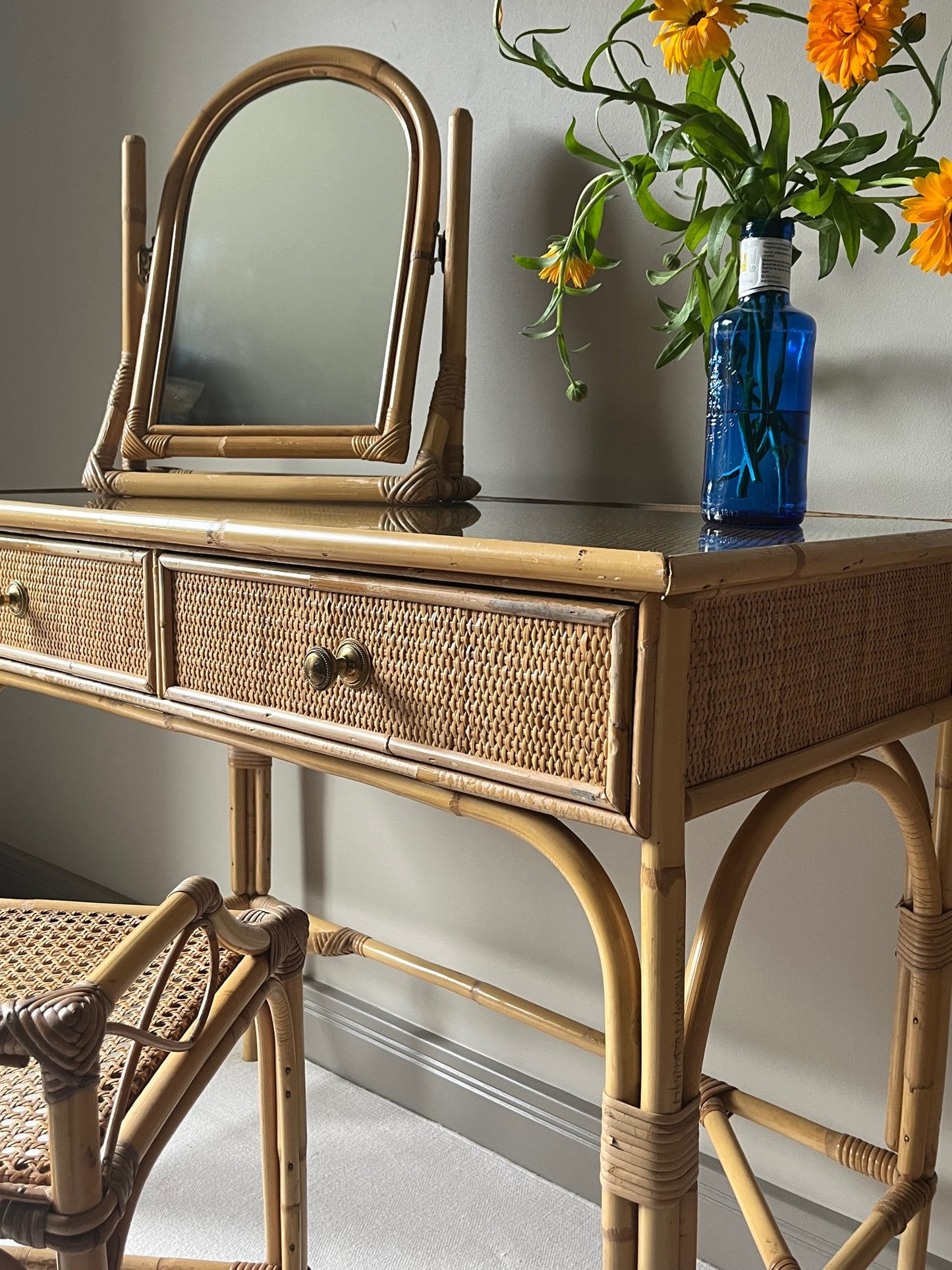 Bamboo and Rattan Dressing Table Set.