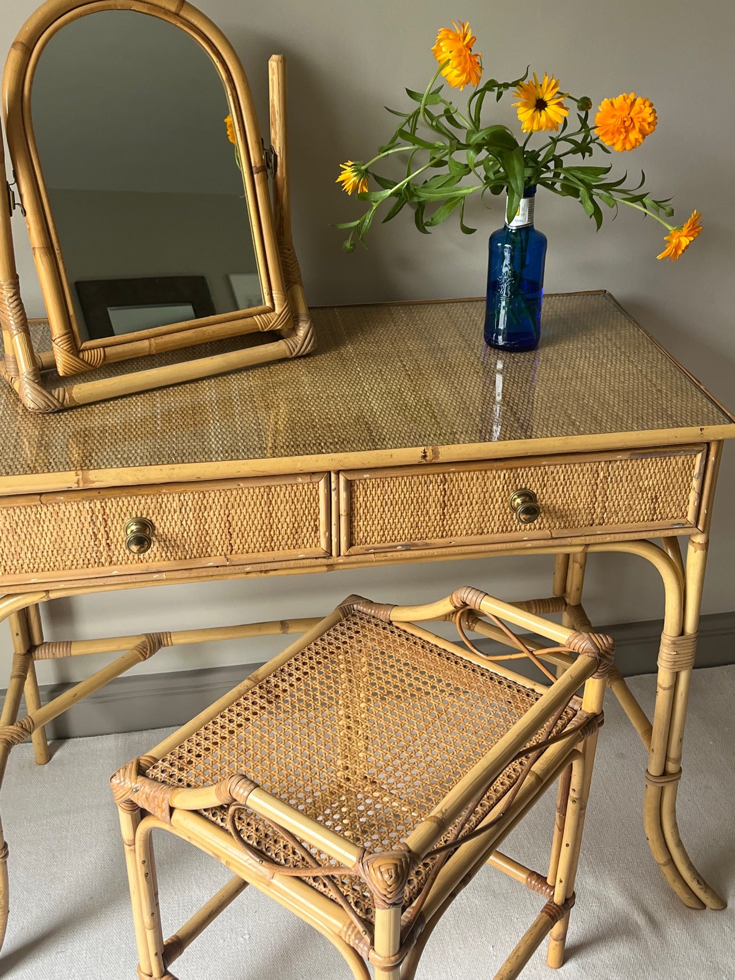 Bamboo and Rattan Dressing Table Set.