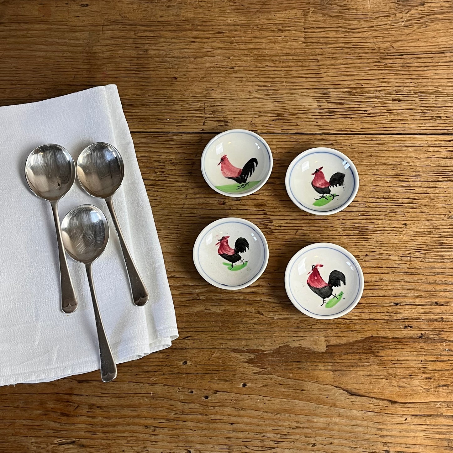 Set Of Four Hand Painted Rooster Dishes.