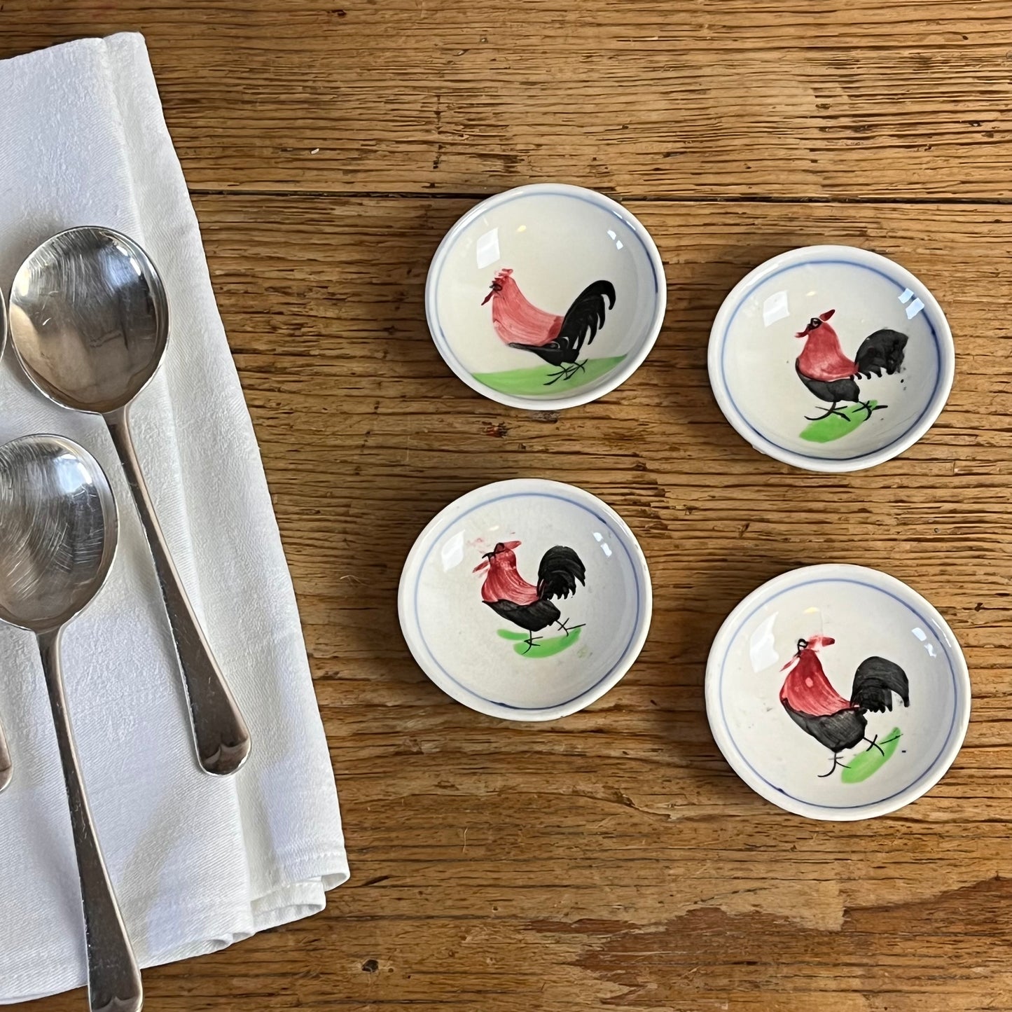 Set Of Four Hand Painted Rooster Dishes.