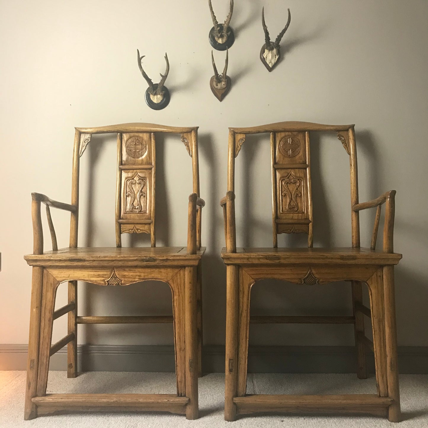 Pair Of Chinese Elm Armchairs.