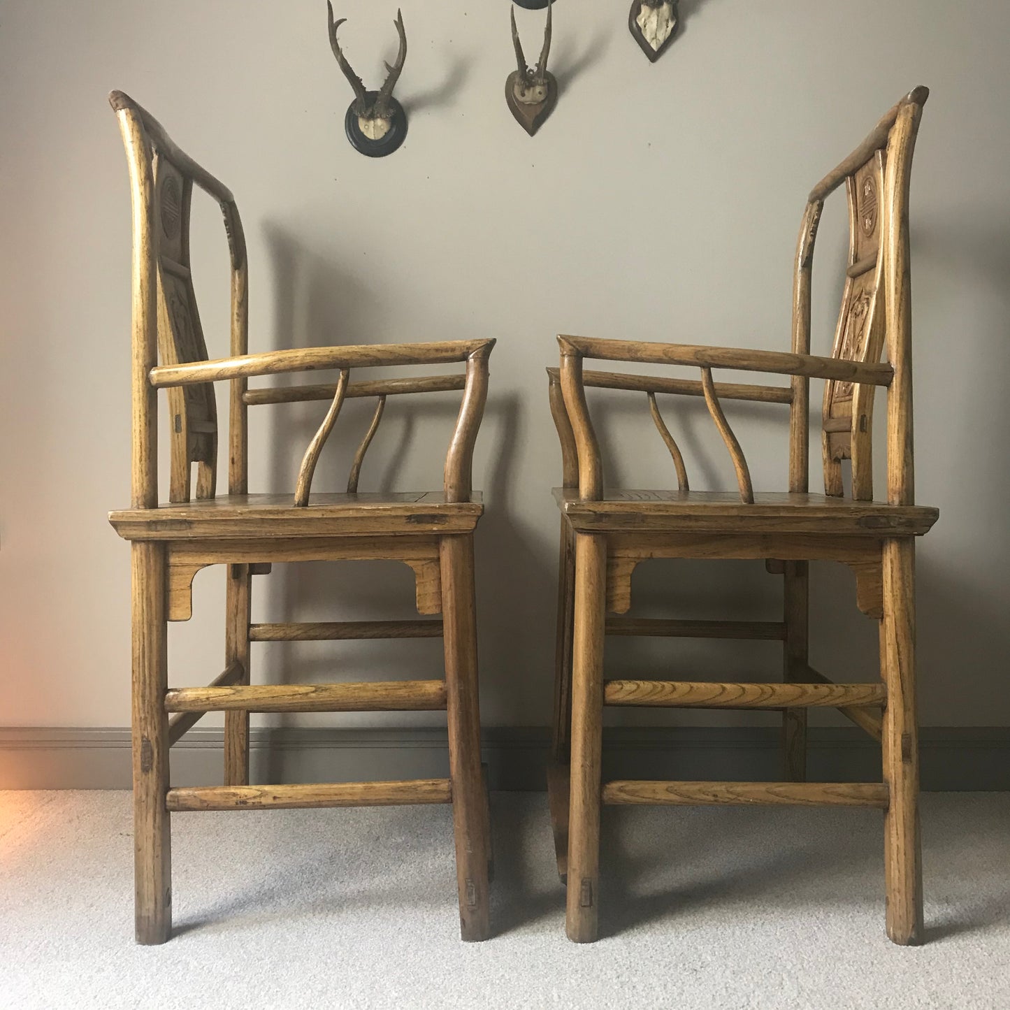 Pair Of Chinese Elm Armchairs.