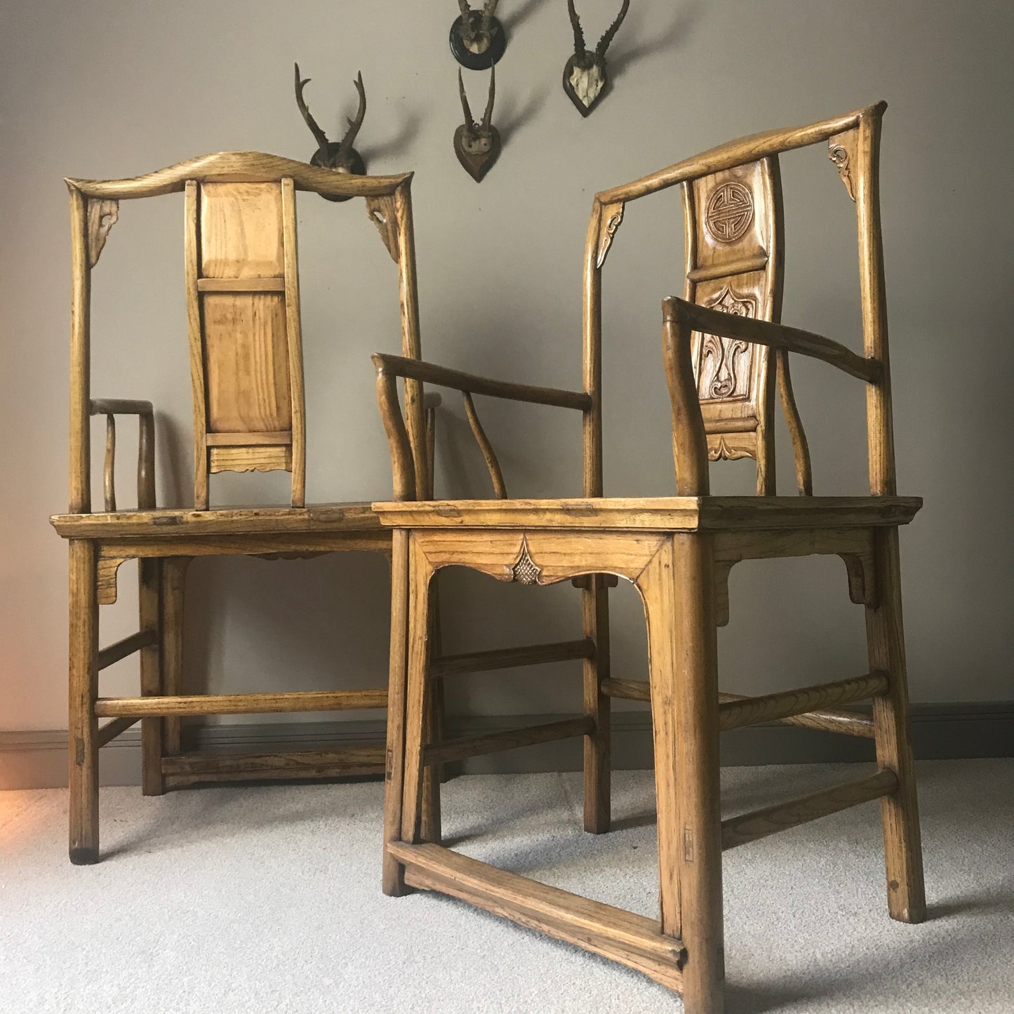 Pair Of Chinese Elm Armchairs.