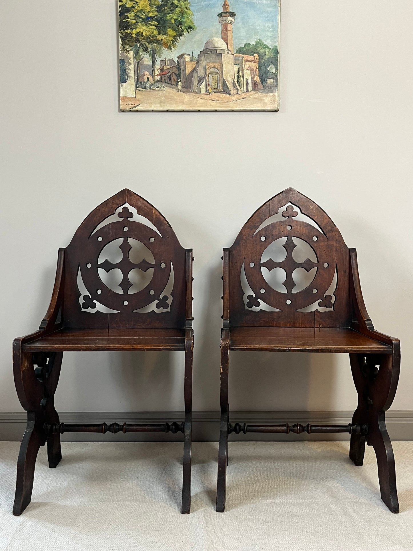 Pair Of Gothic Oak Chairs.