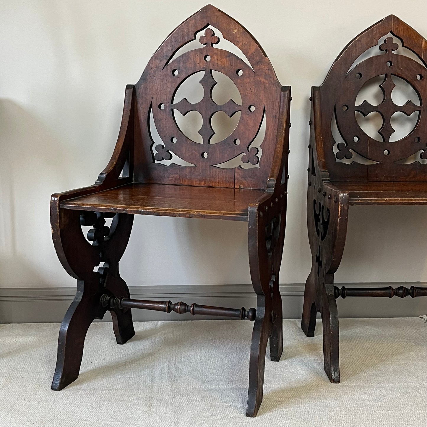 Pair Of Gothic Oak Chairs.