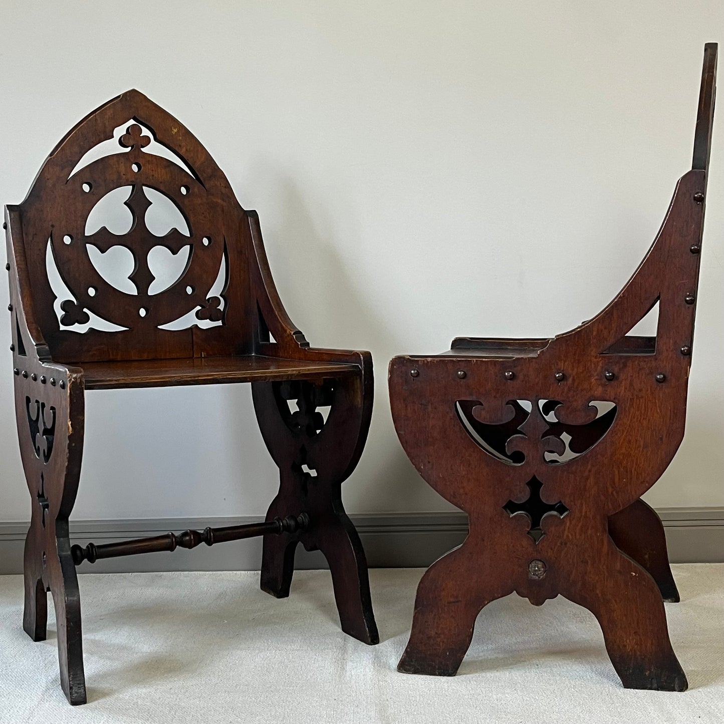 Pair Of Gothic Oak Chairs.