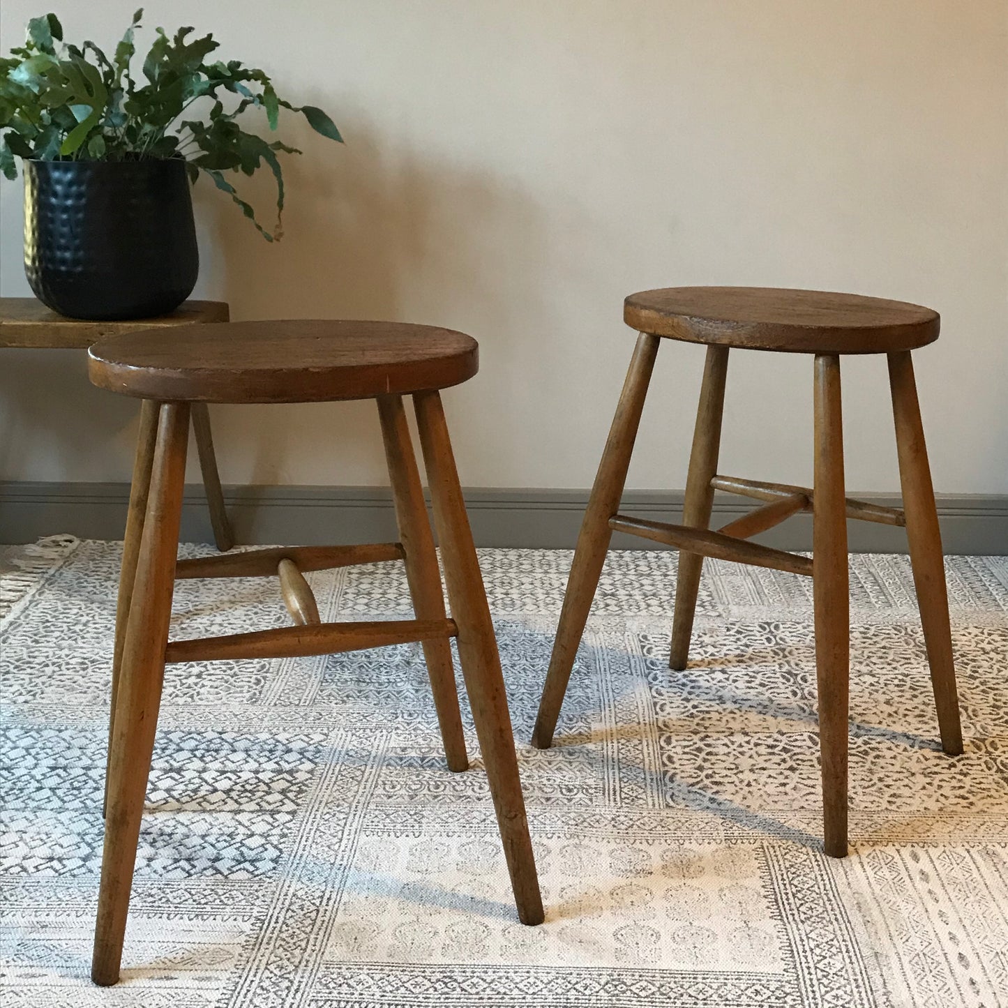 Pair of Oak and Beech Stools.