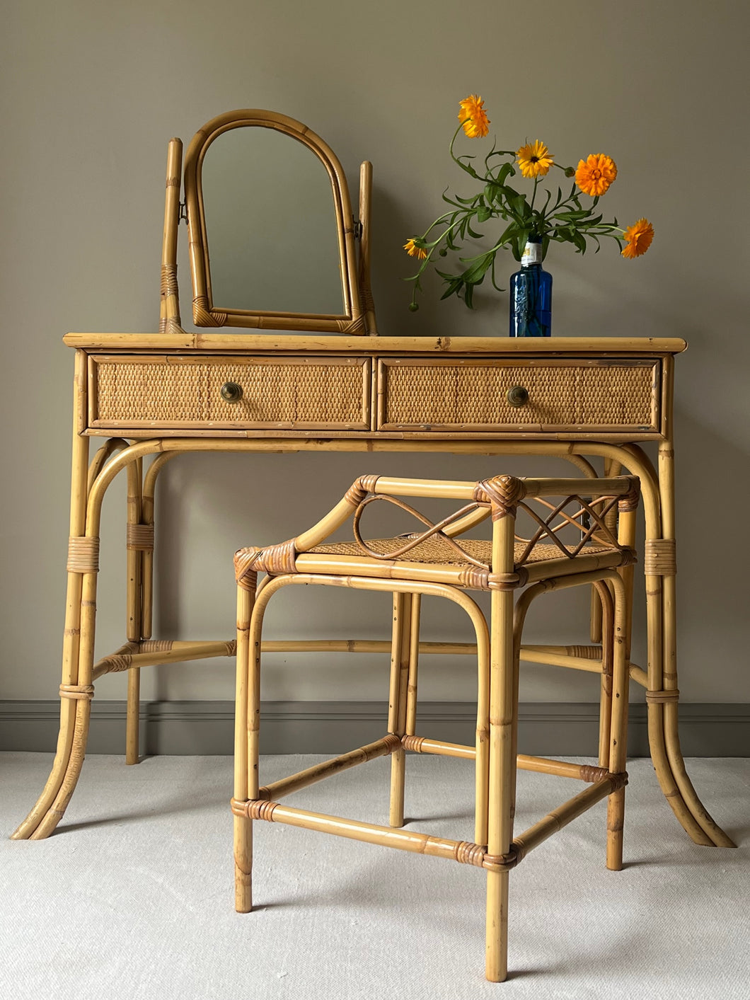 Bamboo and Rattan Dressing Table Set.