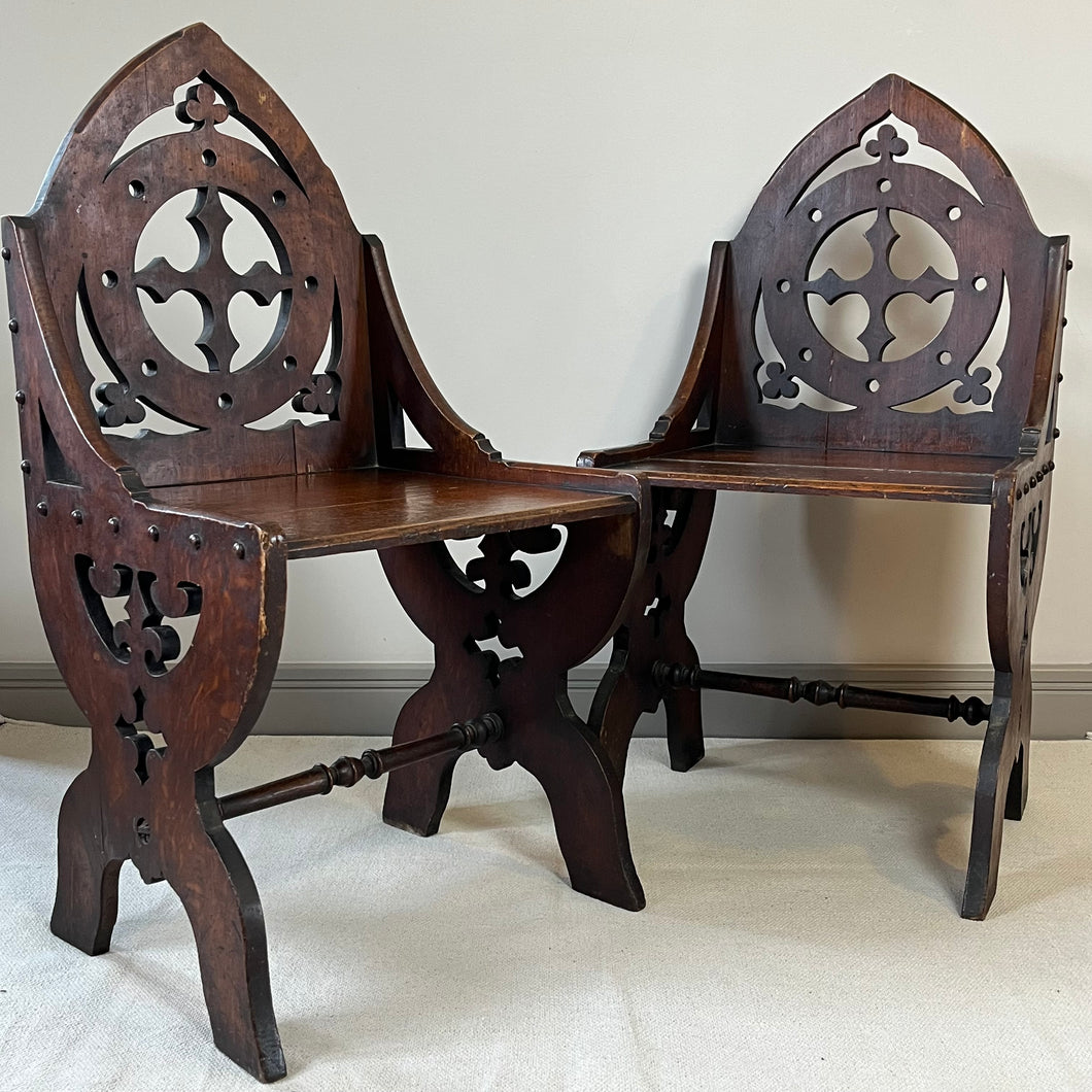 Pair Of Gothic Oak Chairs.