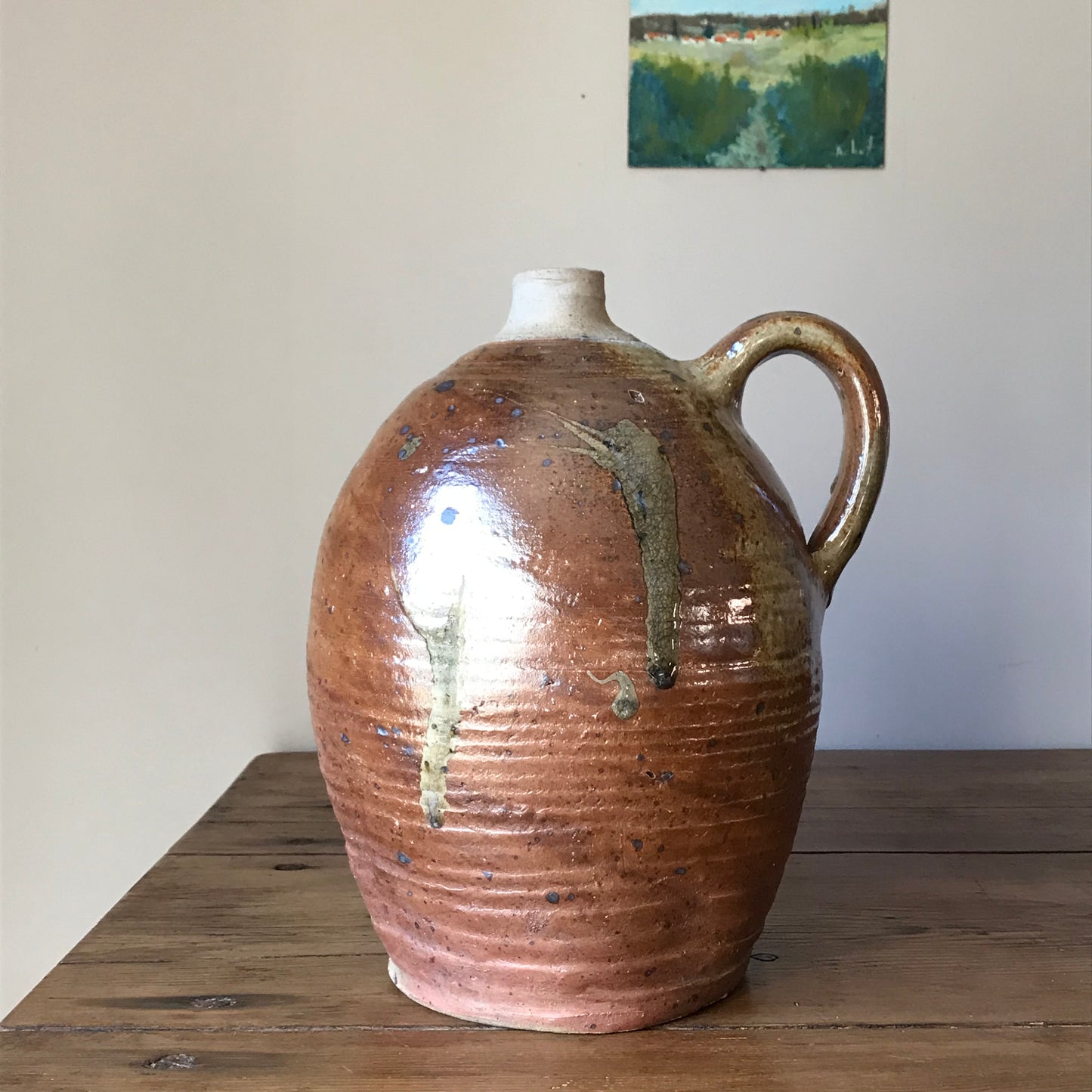 French Drippy Glazed Oil Jug.