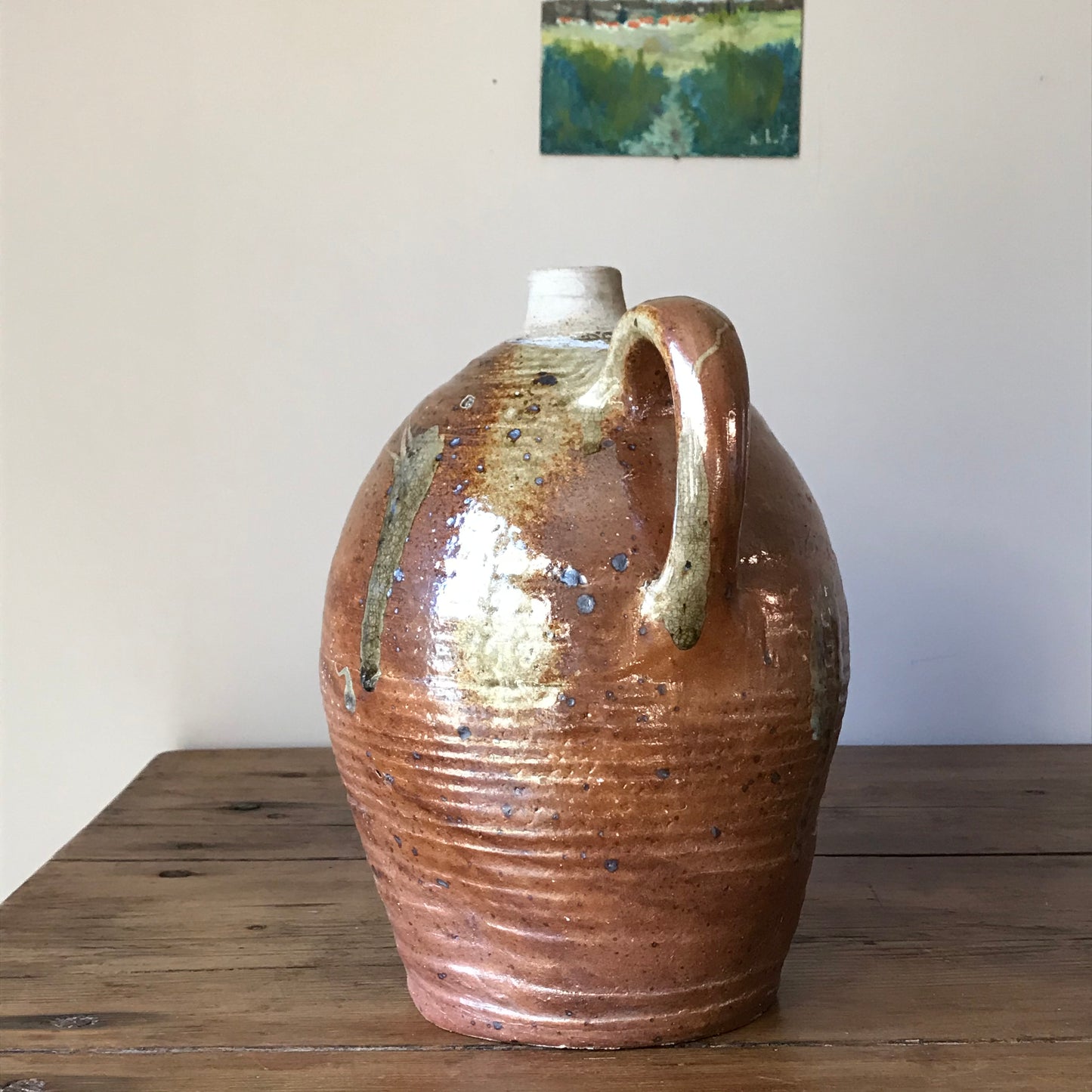 French Drippy Glazed Oil Jug.