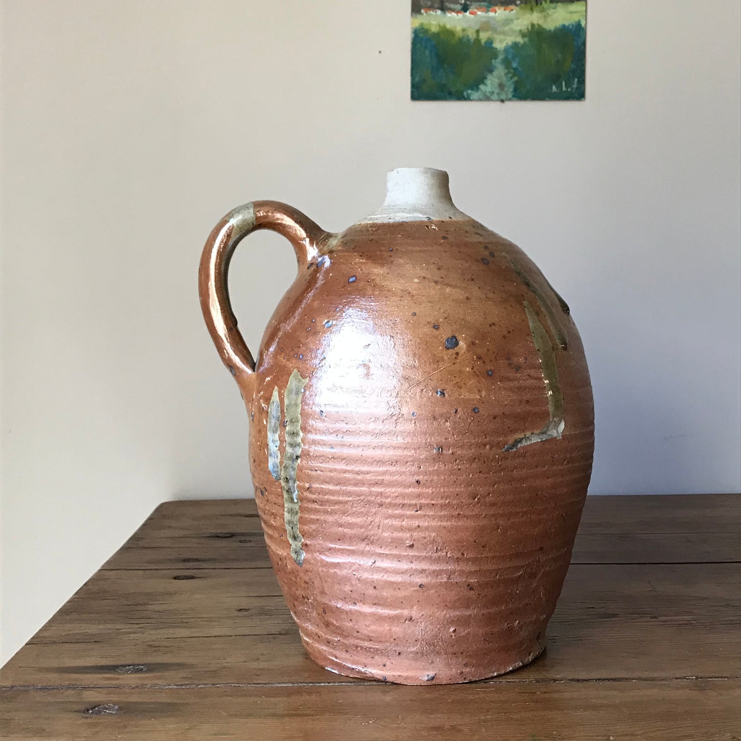French Drippy Glazed Oil Jug.