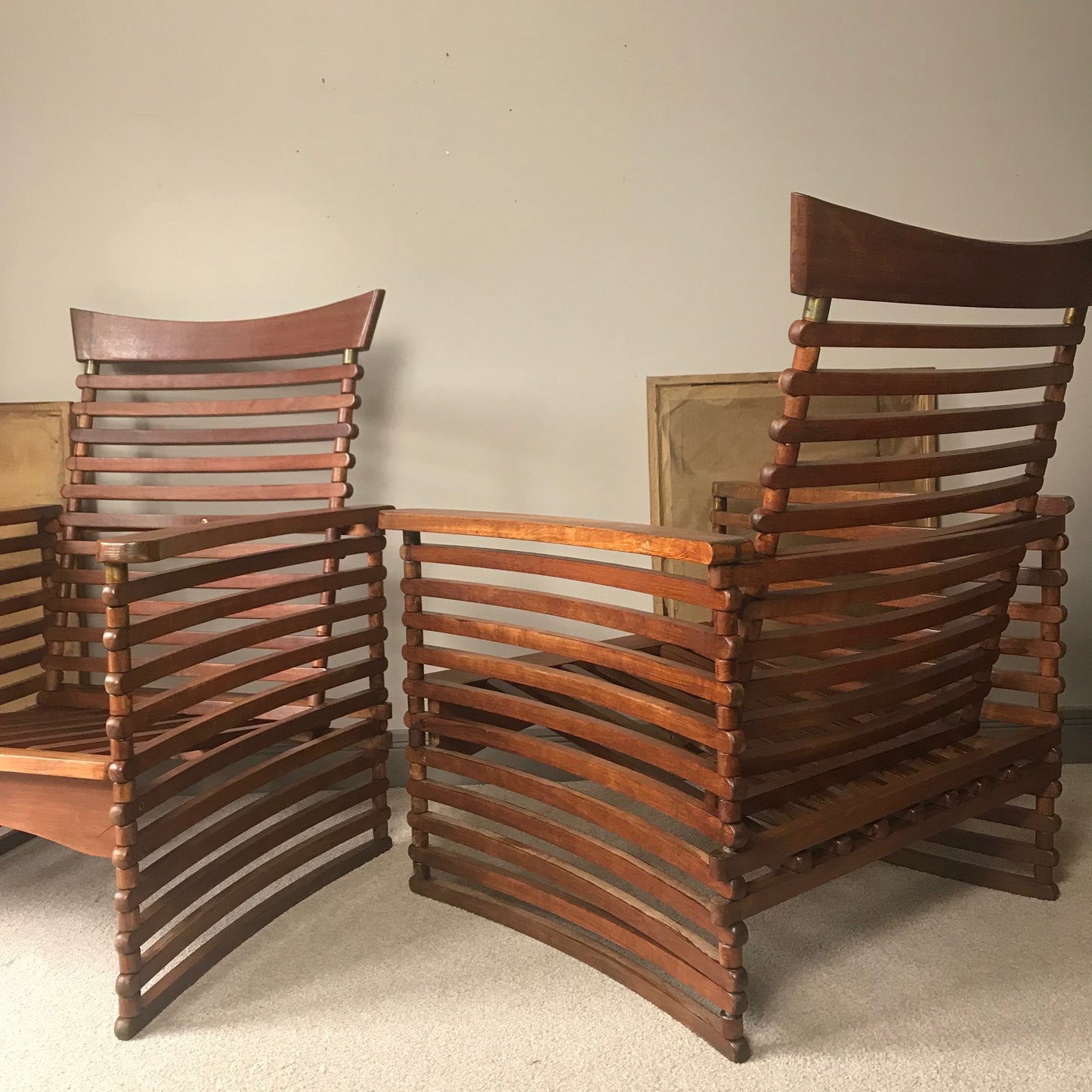 Pair of Teak Slatted Chairs.